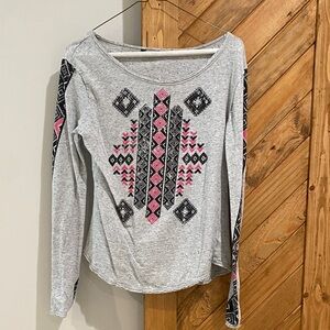 Rock & Roll Cowgirl Gray and Pink Patterned Long Sleeve Top